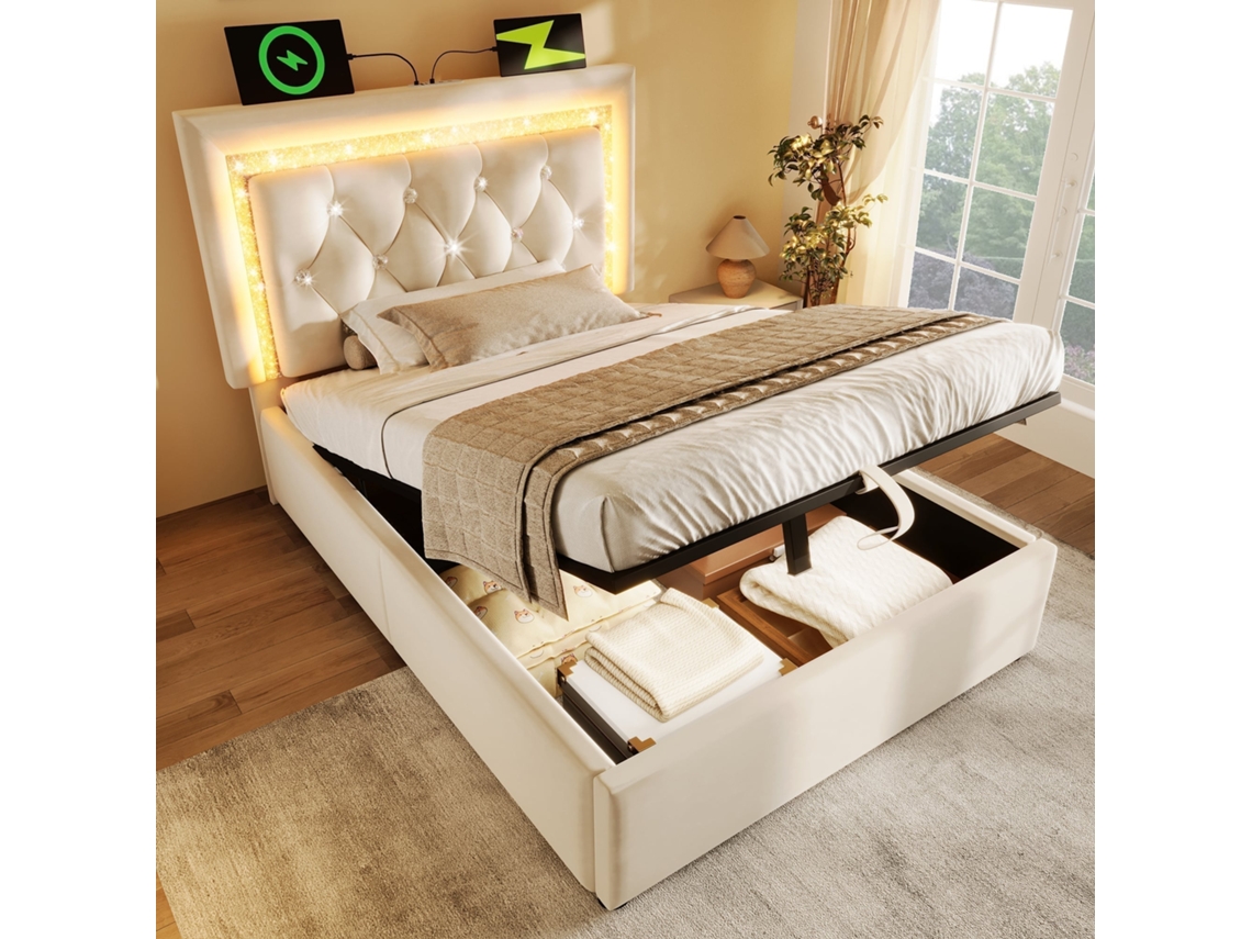 Cama 90x200cm veludo, hidráulica com baú, LED, USB/tipo c, estrutura ripada, incluída, bege, KOMHTOM