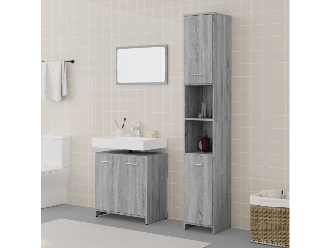 Vidaxl 3 Pcs Conjunto Móveis Casa De Banho Madeira Proc. Cinza Sonoma