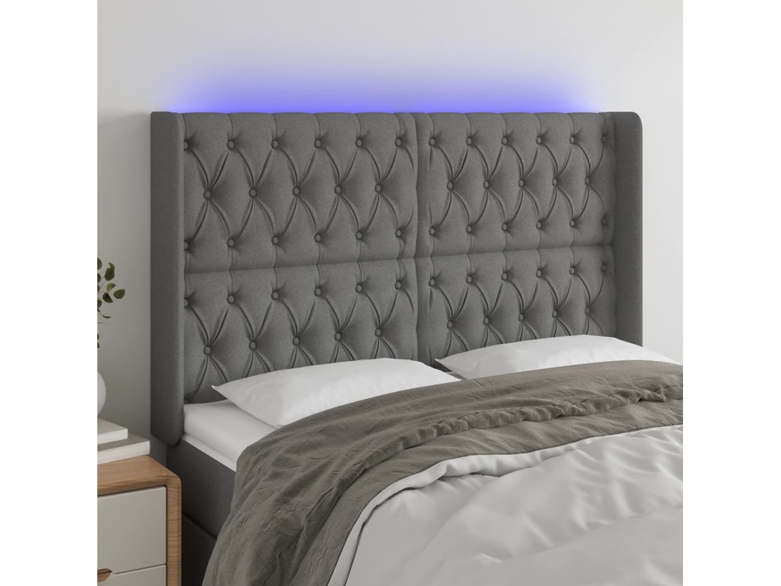Cabecero con LED Tela 147x16x118/128 cm Gris Oscuro