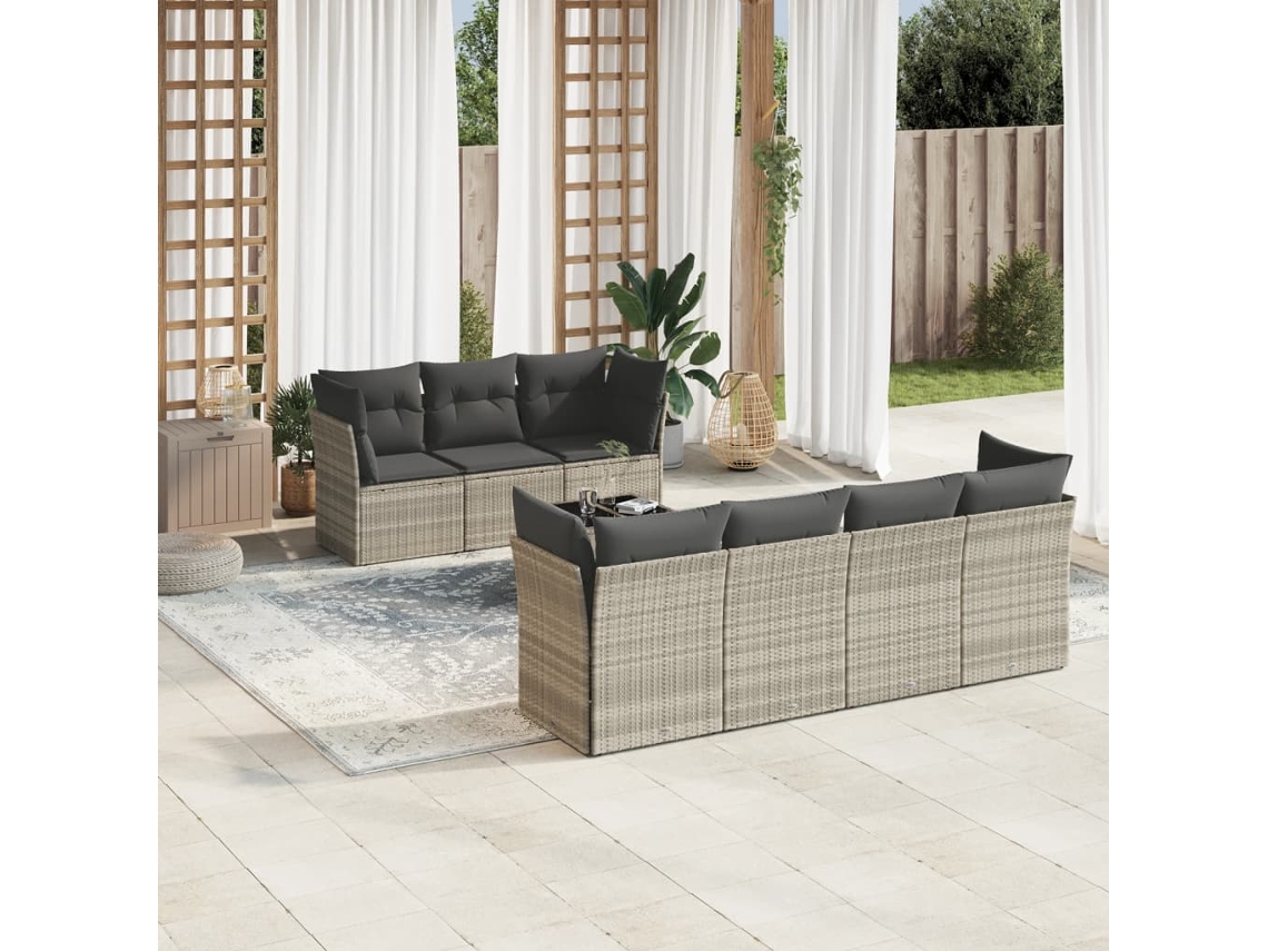 Vidaxl 8 Pcs Conj. Sofás Jardim C/ Almofadões Vime Pe Cinzento claro