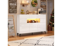 Aparador Branco 140x30x94cm, 3 Gavetas, 5 Armários, Led. Cs