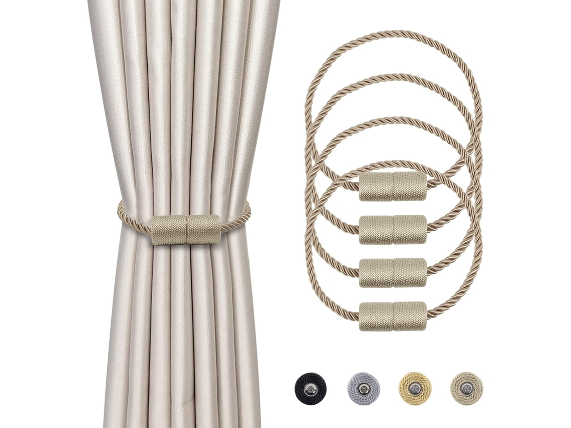 Conjunto De 4 Prendedores Magnéticos Para Cortina, Bege, Trançados, Com Fivela E Cordão De 45 Cm. Aquaforge