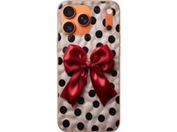 Capa Para Celular Compatível Com Apple Iphone 17 Pro Max. Estampa De Bolinhas Pretas E Brancas Com Um Grande Laço Vermelho No Centro, Design Divertido