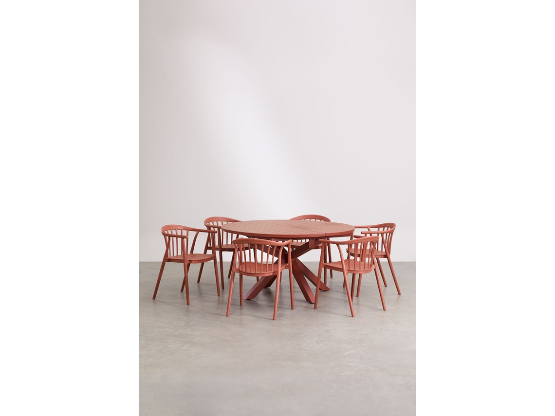 Conjunto De Mesa Extensível 145-200x145 Cm SKLUM Em Alumínio Barces E 6 Cadeiras De Jardim Empilháveis Com Apoios De Braços Ivor Alumínio Terracota