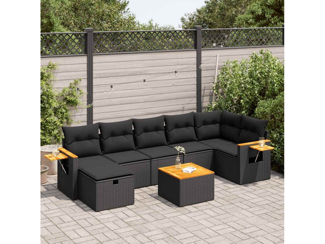 Vidaxl 8 Pcs Conjunto Sofás De Jardim Com Almofadões Vime Pe Preto