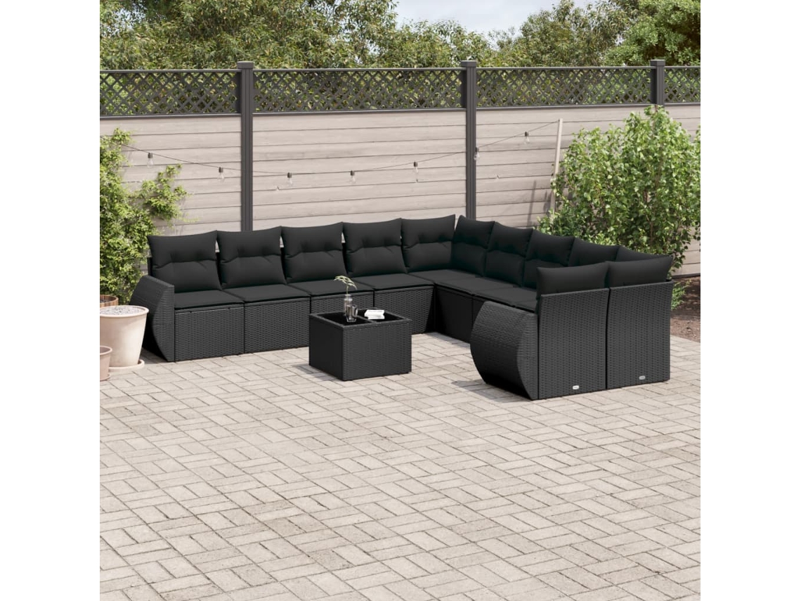 11 Pcs Conjunto Sofás De Jardim C/ Almofadões Vime Pe Preto Dkd Home Decor