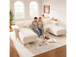 Sofá De Canto U 4 Lugares Cloud Em Chenille Com 2 Chaise Longues, Almofadas De Espuma Dupla, Bege