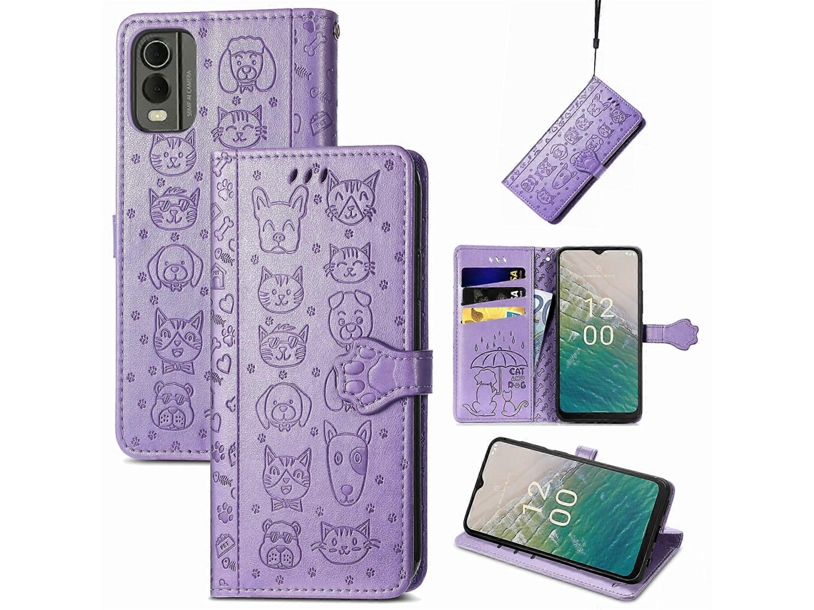 Capa De Couro Com Estampa De Gato E Cachorro Para Nokia C32