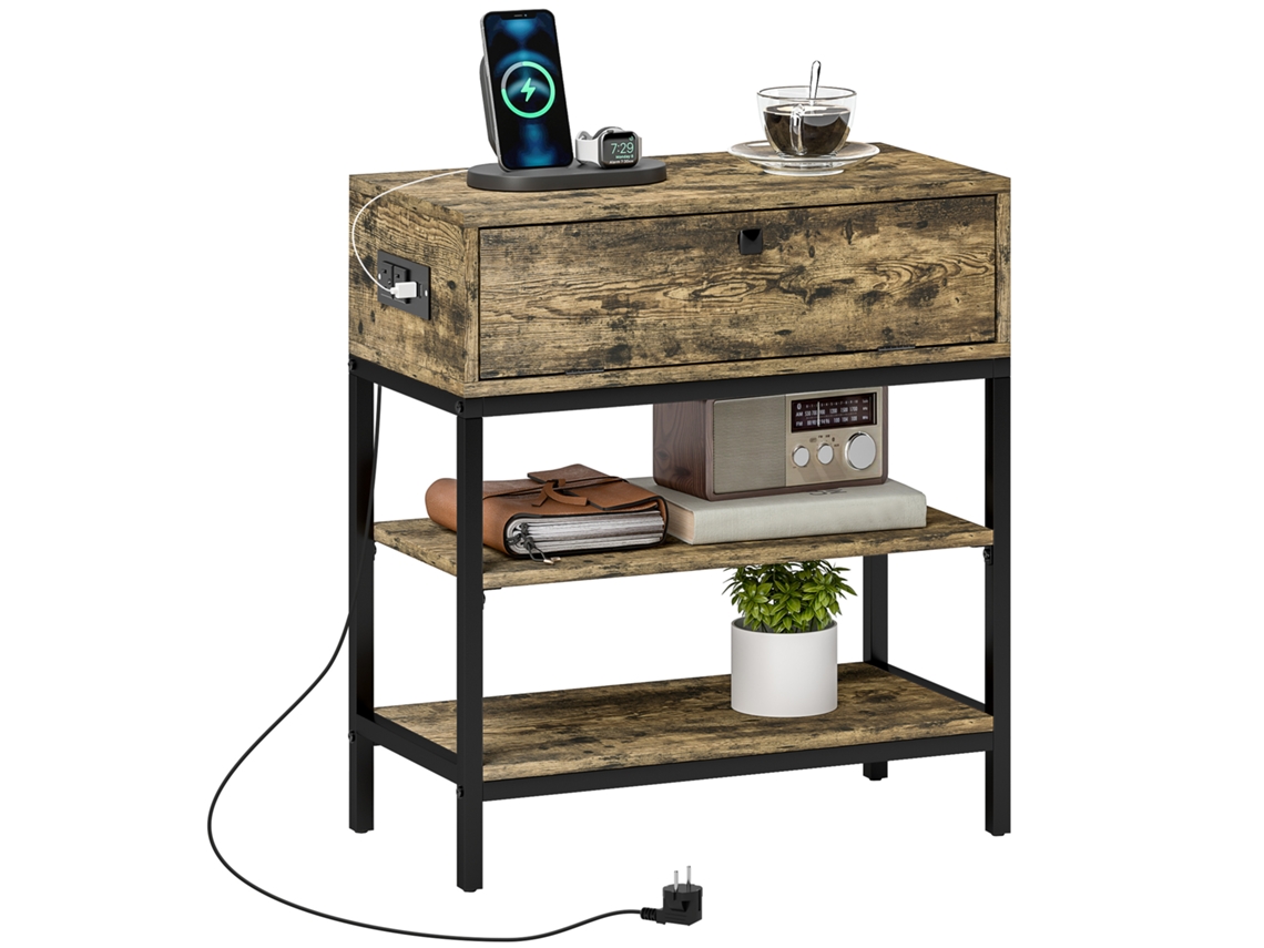 Mesa Lateral com Gaveta e 2 Prateleiras com 2 Tomadas e 2 Portas Usb em Estilo Industrial, 60x30x66,5 Cm, Marrom Rústico ESSÊNCIACASA