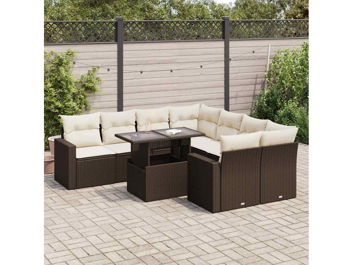 Vidaxl 9 Pcs Conjunto Sofás P/ Jardim C/ Almofadões Vime Pe Castanho