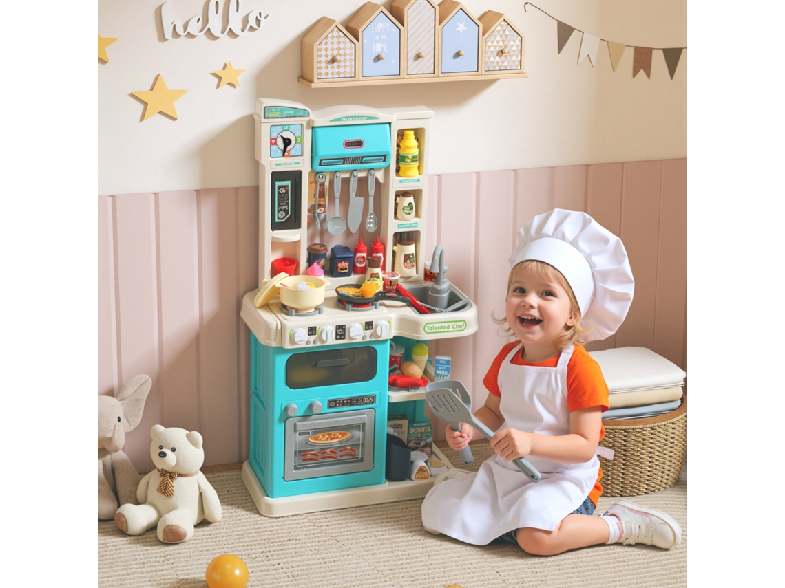 Cozinha De Brinquedo Para Crianças 3-6 Anos Com 92 Acessórios, Em Pp, Pe E Abs, 44.5x24x79 Cm, Verde