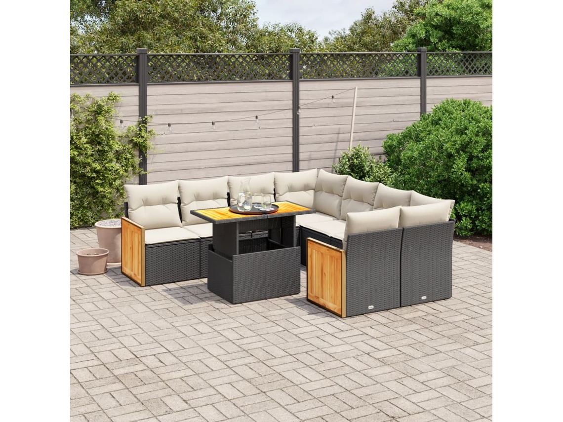 9 Pcs Conjunto De Sofás P/ Jardim C/ Almofadões Vime Pe Preto Dkd Home Decor