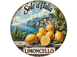 Placa Metálica Redonda Retrô Sole D'italia Limoncello Com Limões, Montanhas, Mar E Vila Metal
