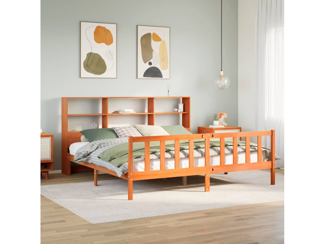 Cama Com Estante Sem Colchão 200x200 Cm Pinho Maciço