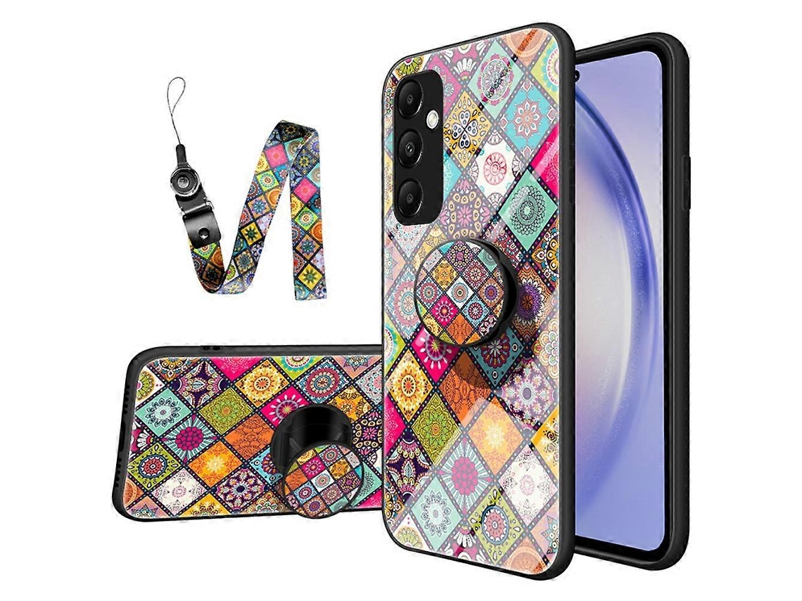 Capa De Celular Com Suporte E Padrão Étnico, Vidro Temperado E Alça Para Samsung Galaxy S24