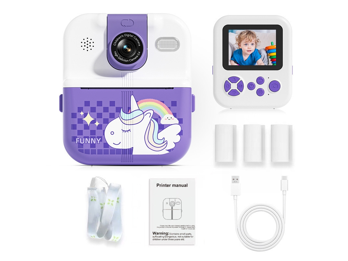 Câmera Infantil de Presente 2026: Unicórnio Roxo Não Requer Cartão YUNZII (com Função de Aplicativo e Lente Giratória)