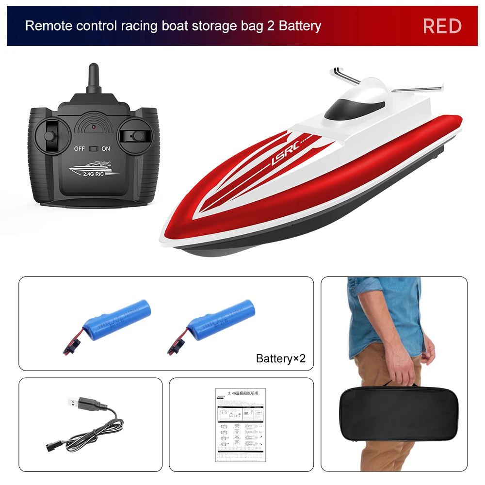Barco de corrida com controle remoto de 2,4 GHz (vermelho, 2 pilhas), alta velocidade, à prova d'água e recarregável.