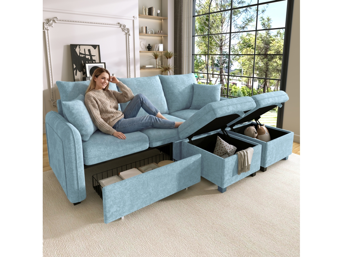 Sofá Modular Em U Com Arrumação, Gavetas E Função Cama Em Chenille