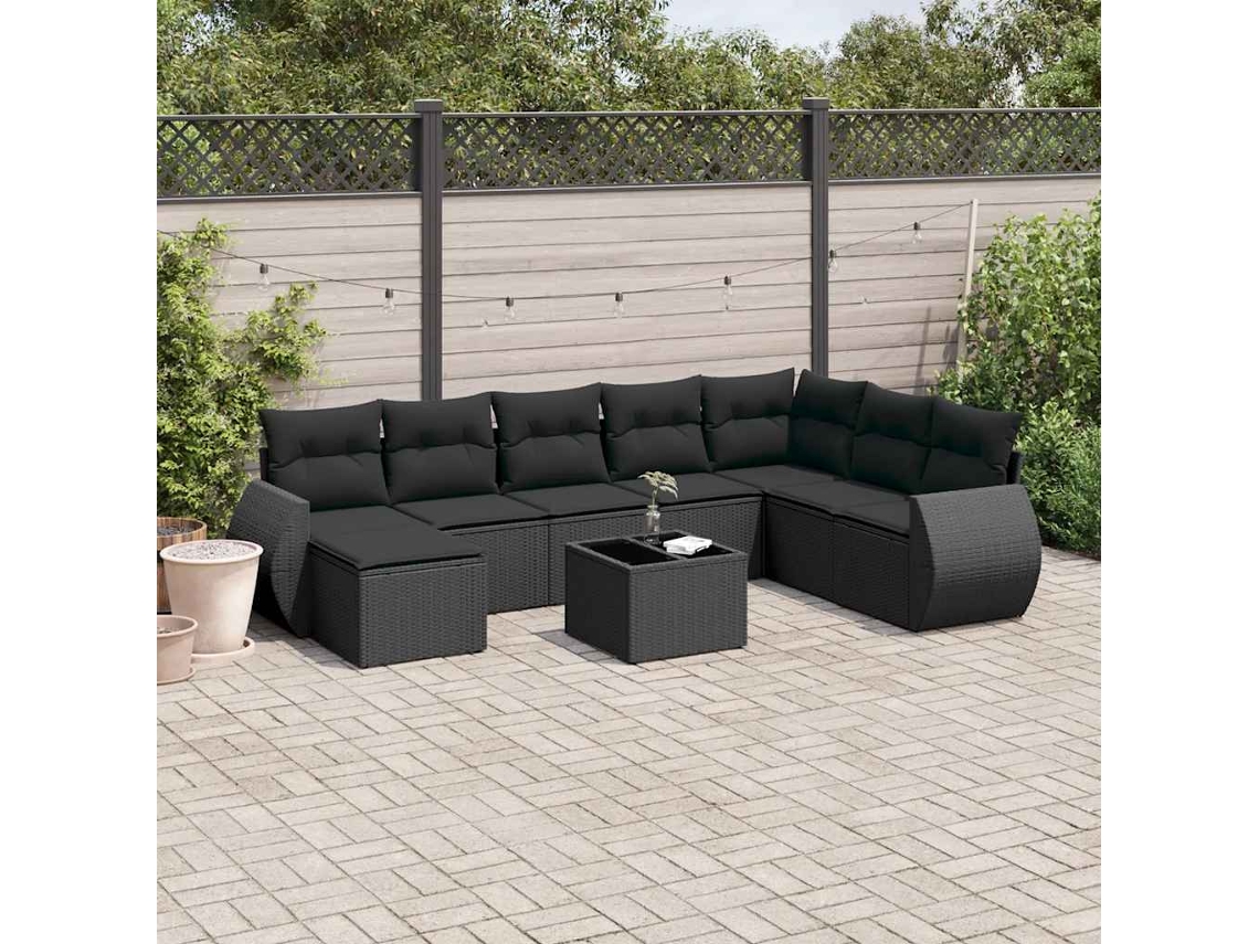 Vidaxl 9 Pcs Conjunto De Sofás P/ Jardim C/ Almofadões Vime Pe Preto