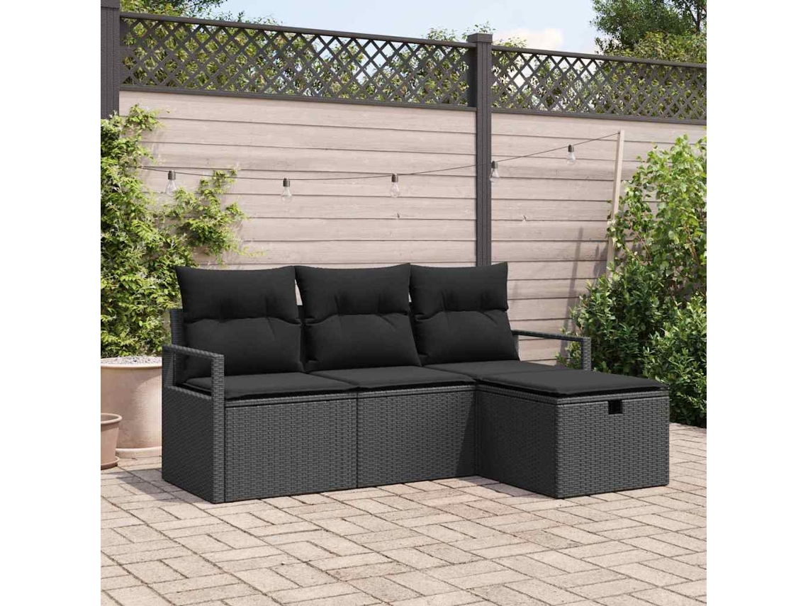 Vidaxl Conjunto De Sofás Com Almofada Manual 4 Pcs Preto Vime Pe