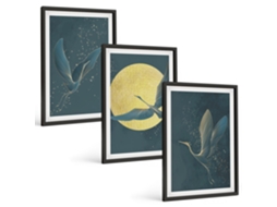 Quadros Decorativos Para Parede Garças Em Voo A Noite Moldura Preta Quadros Para O Escritório Espelharte (3 Piezas De 40x60 Cm)