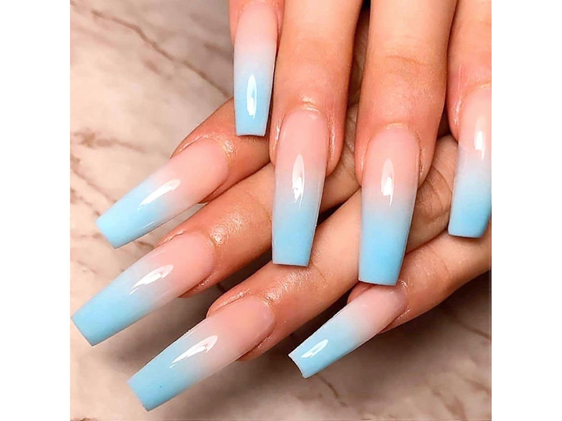 24 Unhas Postiças De Caixão Para Mulher · Extra Longas · Com Cola · Rosa E Azul Misto