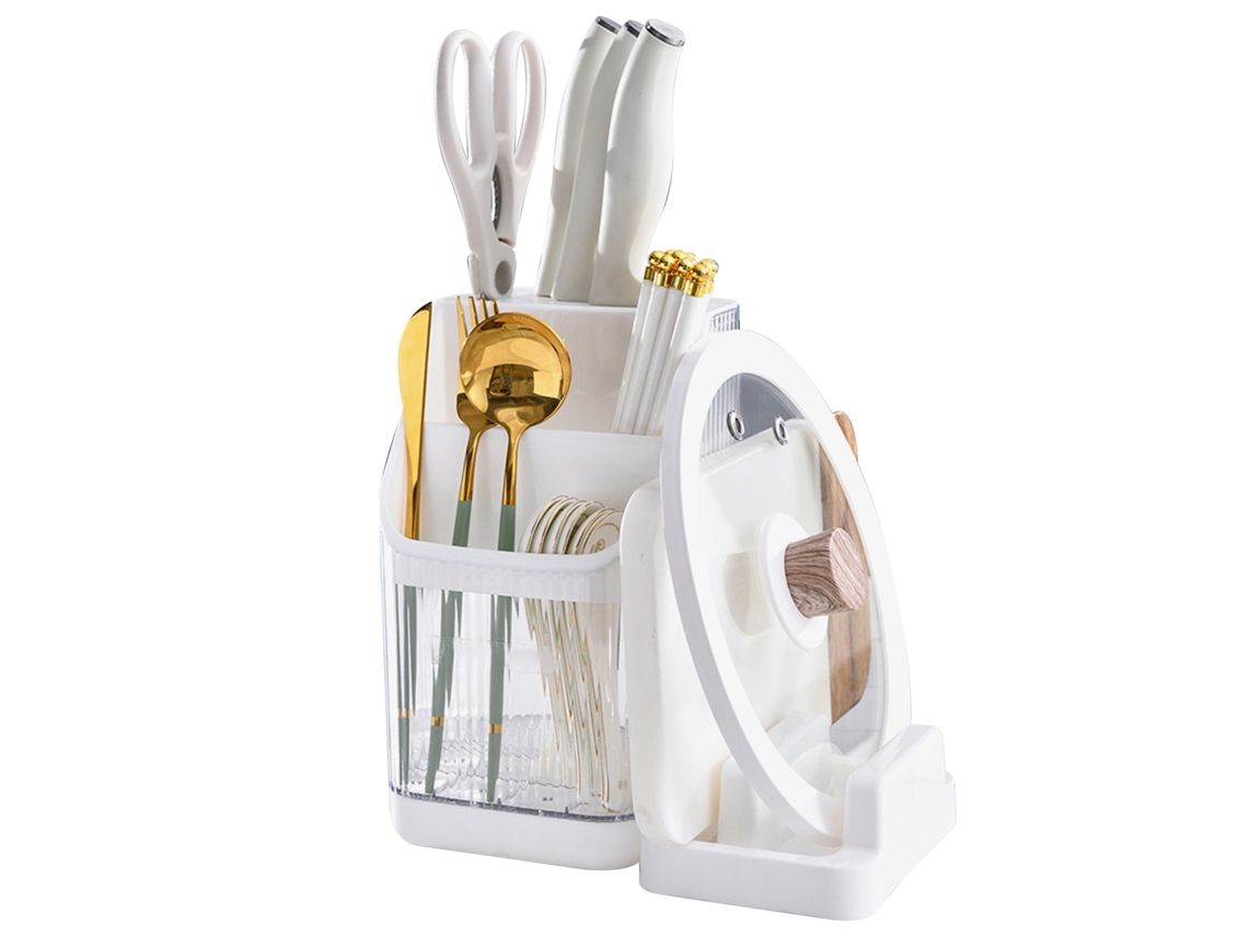 Soporte Multifuncional De Cozinha Para Tábua De Corte, Tampa De Panela, Talheres E Facas, Cor Branco Pérola