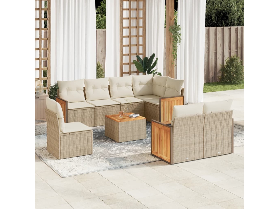 Vidaxl 9 Pcs Conjunto De Sofás P/ Jardim Com Almofadões Vime Pe Bege