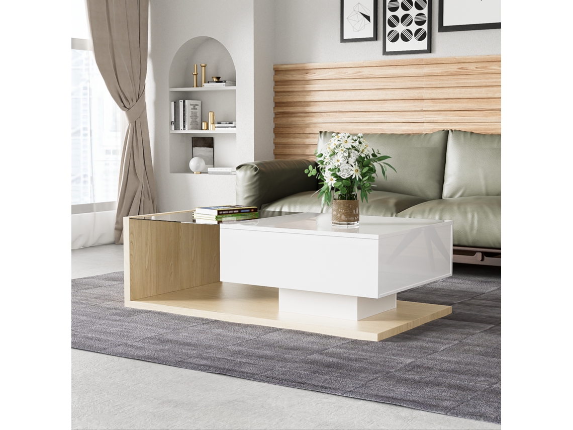 Mesa de centro ELEGANT em branco brilhante com detalhes em madeira e iluminação LED (não aplicável)