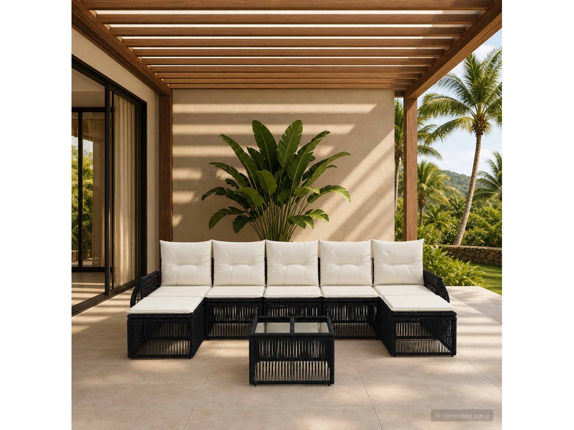 Vidaxl Conjunto De Sofá De Jardim 8 Unid. Preto E Branco Creme Vime Pe