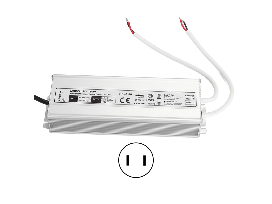 Transformador de Alimentação LED IP67 150W 24V 6.25A, Plug US