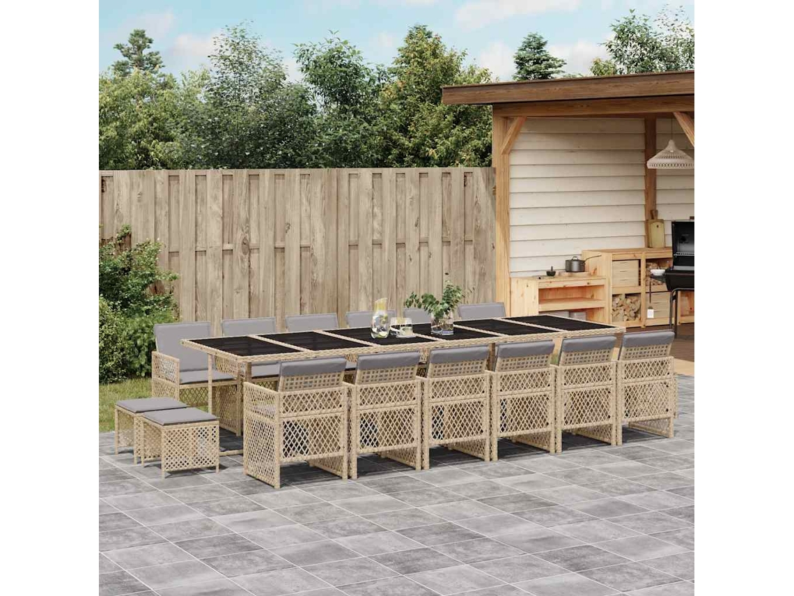Vidaxl 17 Pcs Conjunto De Jantar P/ Jardim C/ Almofadões Vime Pe Bege