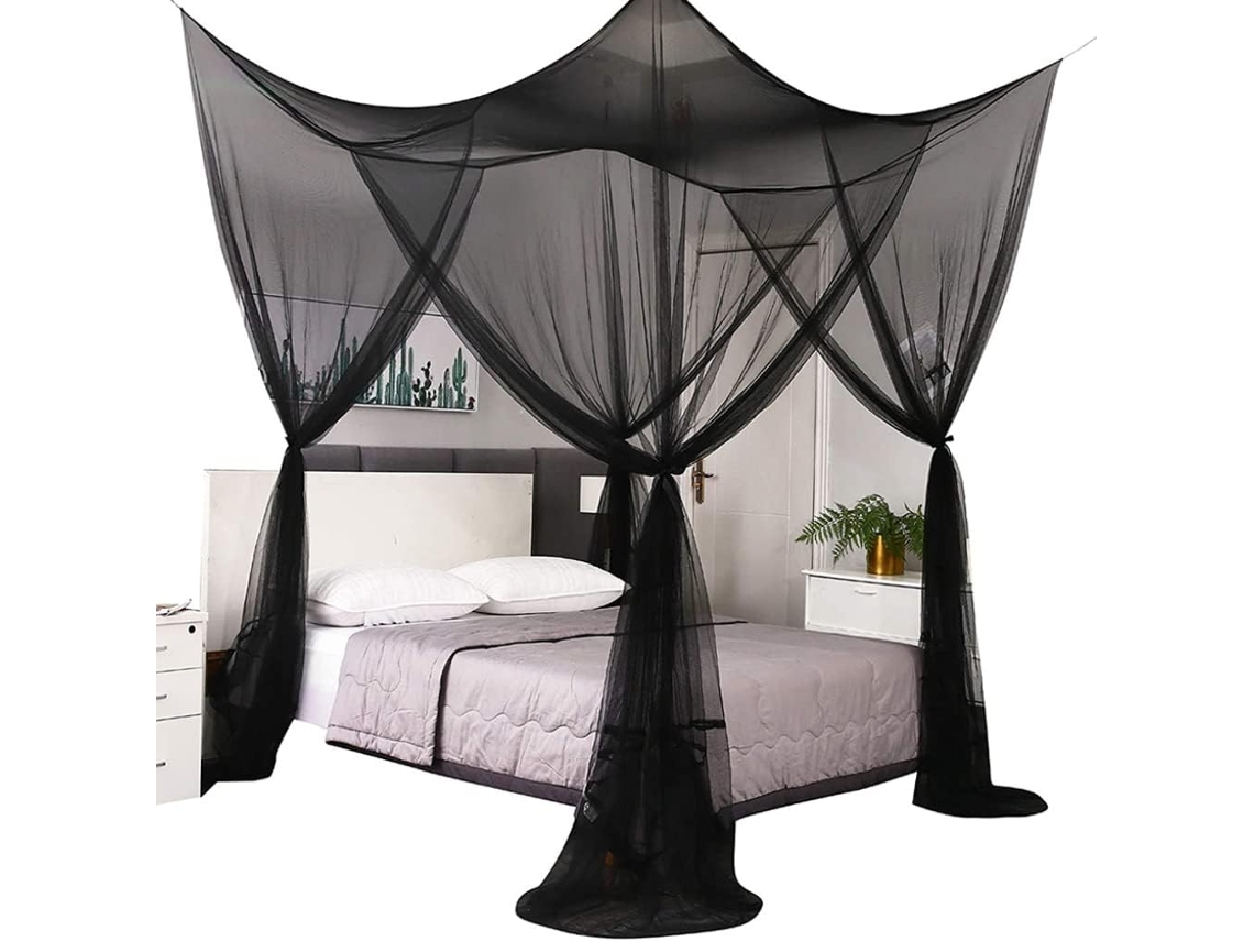 Mosquiteiro Preto Para Cama Com Dossel, Cortina De Rede Quadrada Para Cama Suspensa Quatro Portas Com Kit Instalação