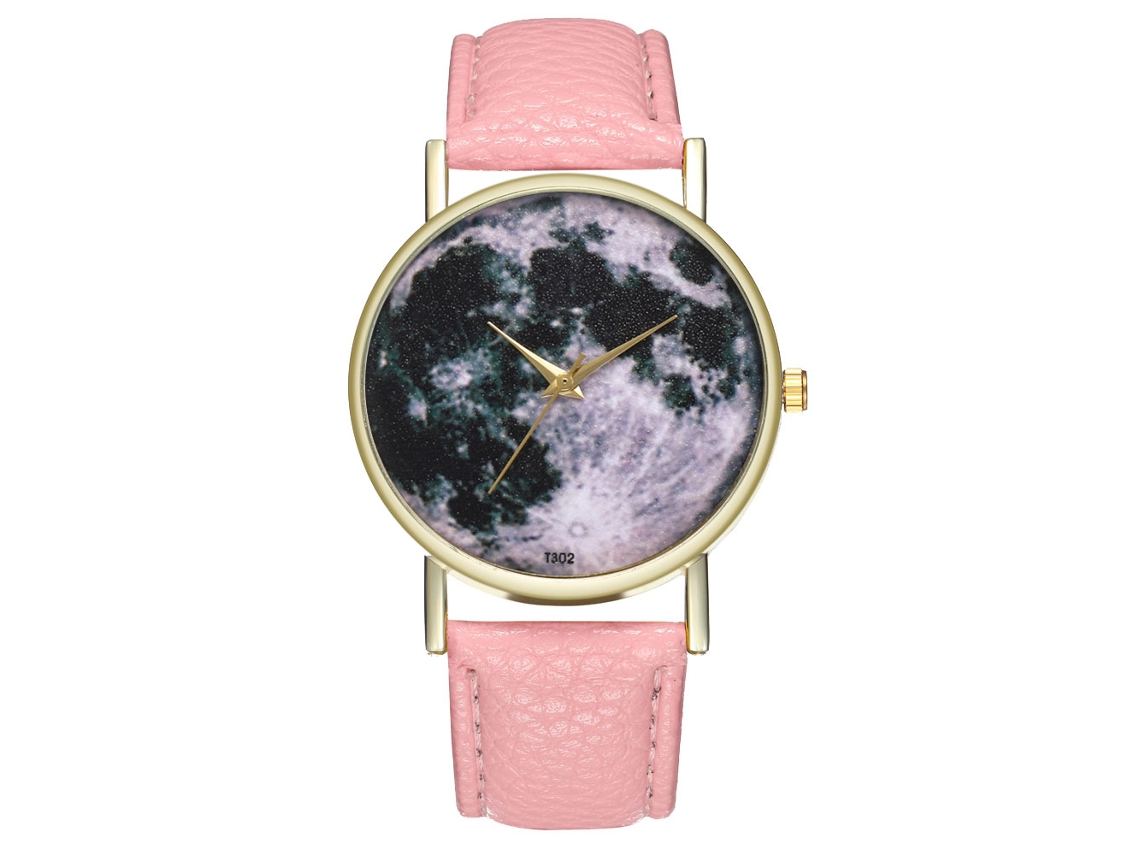 Relógio casual unissex para homens e mulheres, quartzo, mostrador redondo, pulseira de couro PU rosa.