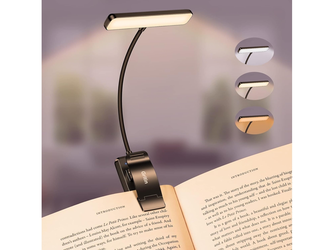 Luminária De Leitura Led Gritin 19, Recarregável E Com Clipe, Proteção Para Os Olhos, Ajuste Contínuo De Intensidade, Haste Flexível De 360°