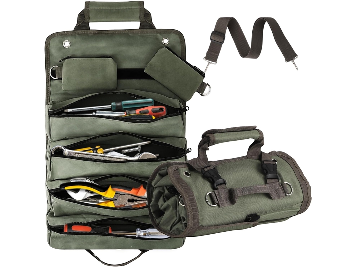 Bolsa De Ferramentas Enrolável Feita Lona Oxford 600d, Organizador Resistente Com 4 Compartimentos Fixos Grandes, 2 Bolsos