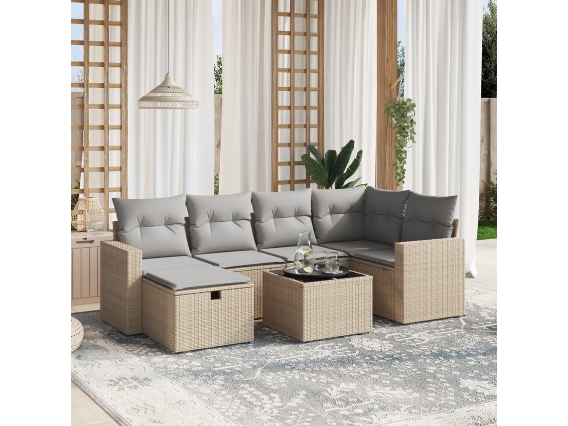 Vidaxl 7 Pcs Conj. Sofás Jardim C/ Almofadões Vime Pe Bege Misturado