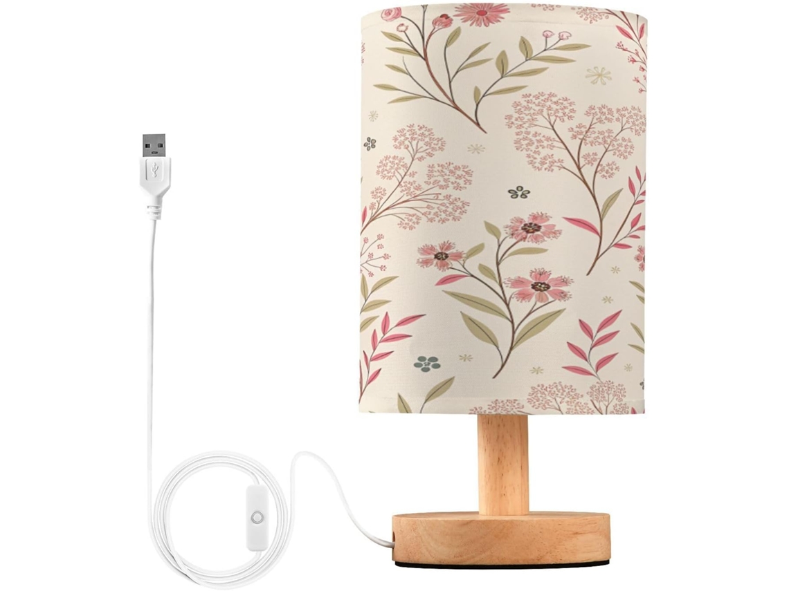 Abajur De Cabeceira Com Estampa Flores E Folhas, Luminária De Cabeceira Led, Luminária De Leitura Com Portas Usb E