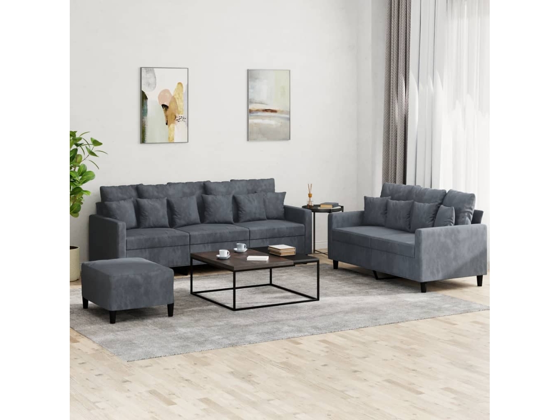 Vidaxl 3 Pcs Conjunto De Sofás Com Almofadões Veludo Cinzento-escuro