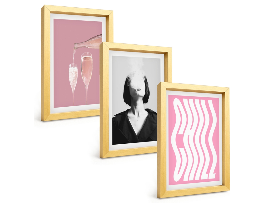 Quadros Decorativos Para Parederetrato Elegante, Champanhe, Relaxamento Moldura Dourada Quadros Para O Escritório Espelharte (3 Peças 20x30 Cm)