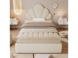 Cabeceira simples de 90 x 200 cm com pétalas curvas, design simples e moderno, estrutura em veludo bege.