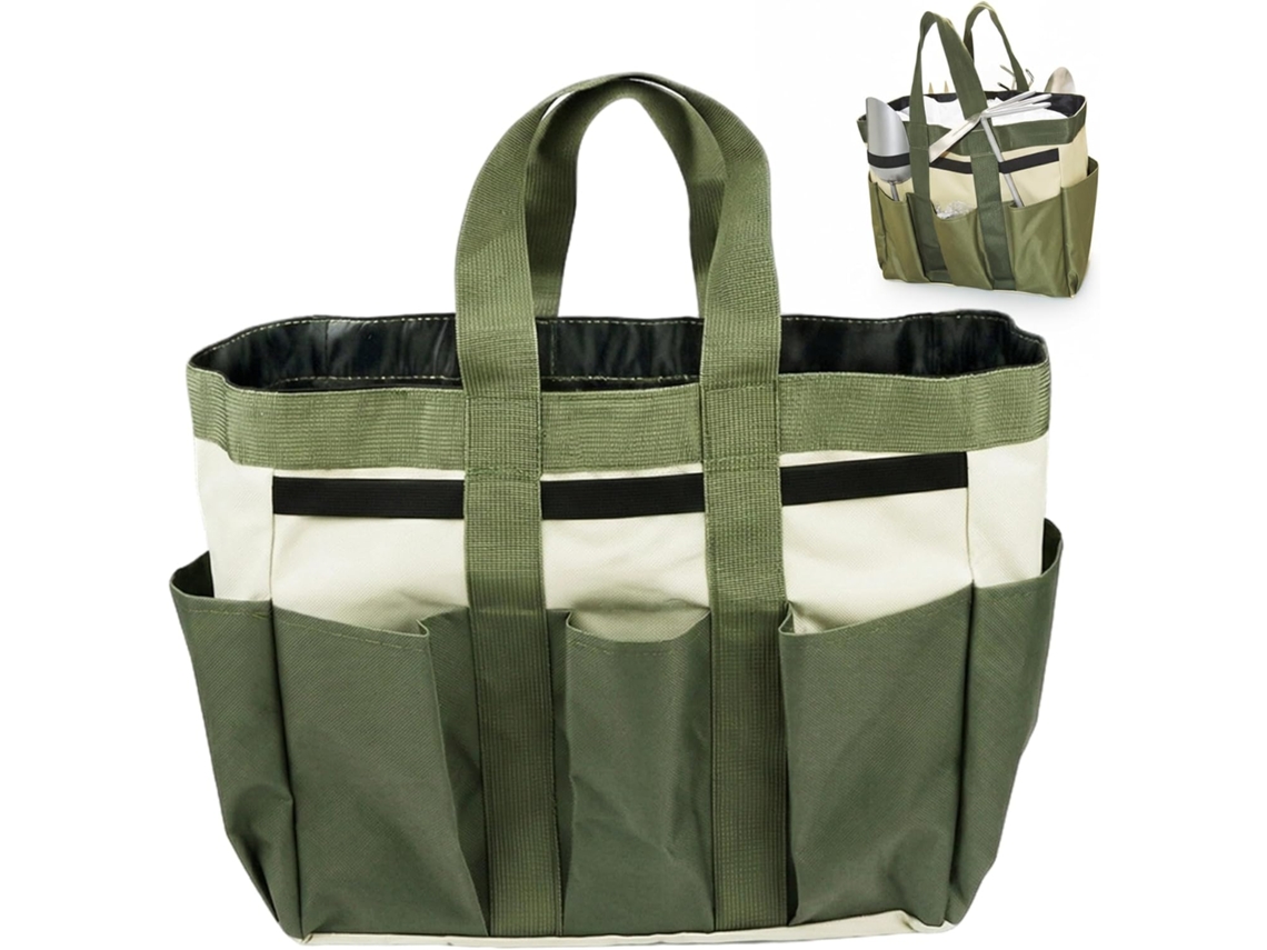 Bolsa de jardim portátil e resistente com diversos compartimentos para ferramentas, ideal para uso doméstico e feminino.