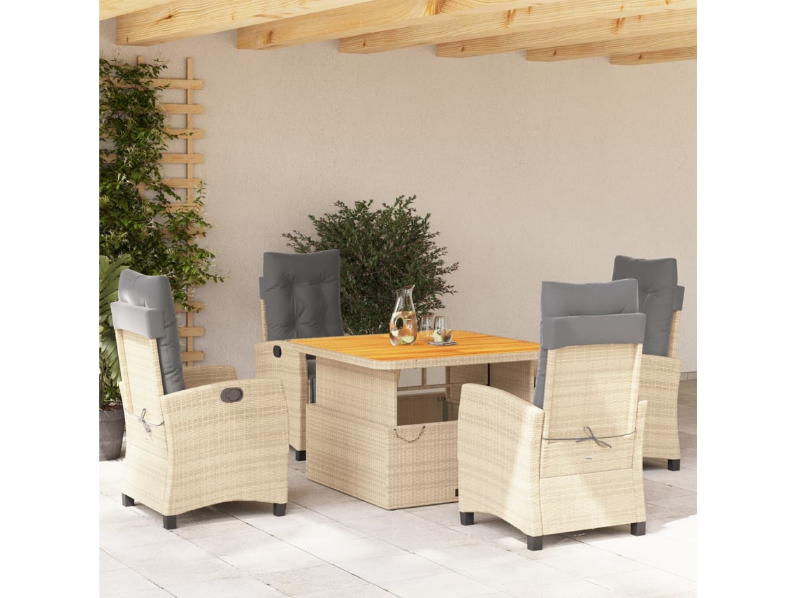 Vidaxl 5 Pcs Conjunto De Jantar P/ Jardim Com Almofadões Vime Pe Bege