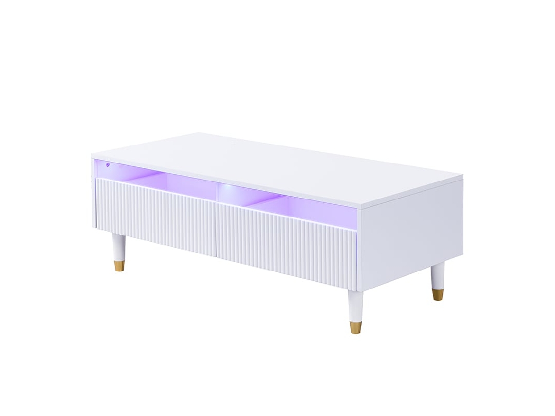 Mesa de Centro Moderna com Led,tampo Ondulado,gavetas e Pés Dourados,ideal para Sala e Móveis de Tv PAPRIKA SHOP