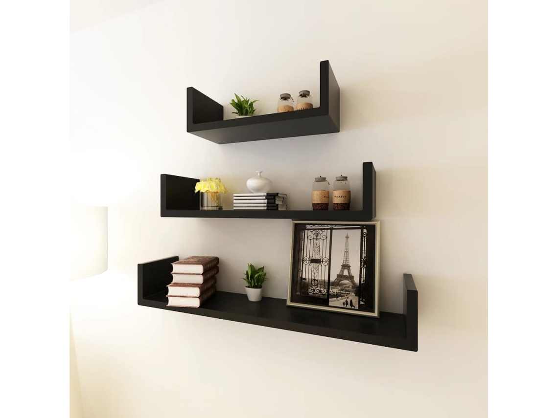 Conjunto 3 Prateleiras De Parede Em Forma De U Mdf Preto