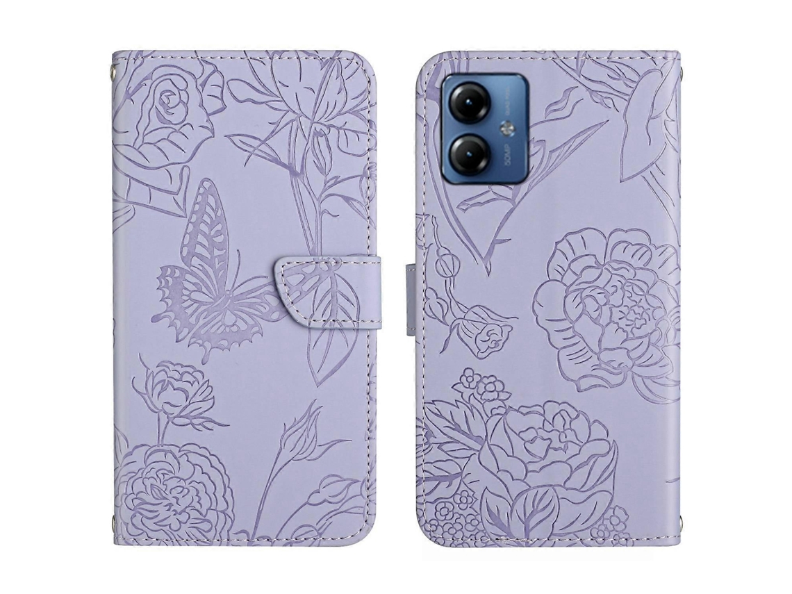 Capa De Celular Flip Em Couro Sintético Com Textura De Borboleta Para Motorola Moto G54 Ht03