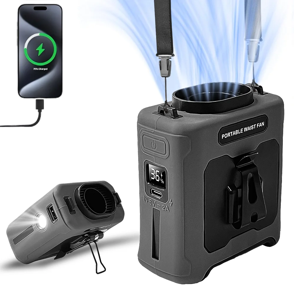 Lanterna De Emergência Portátil Sos (cinza) Com Ventilador De Cintura, Ventilador De Resfriamento De 10000mah