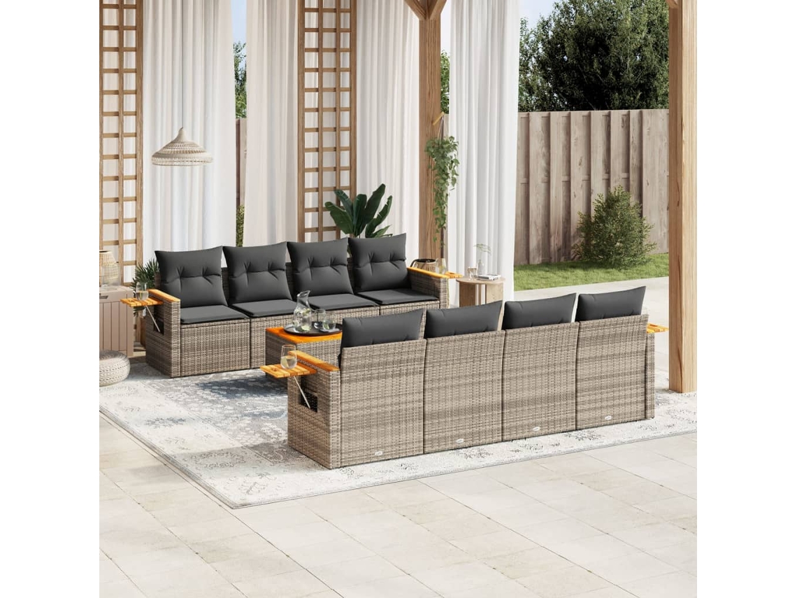 Vidaxl 9 Pcs Conjunto Sofás P/ Jardim Com Almofadões Vime Pe Cinzento