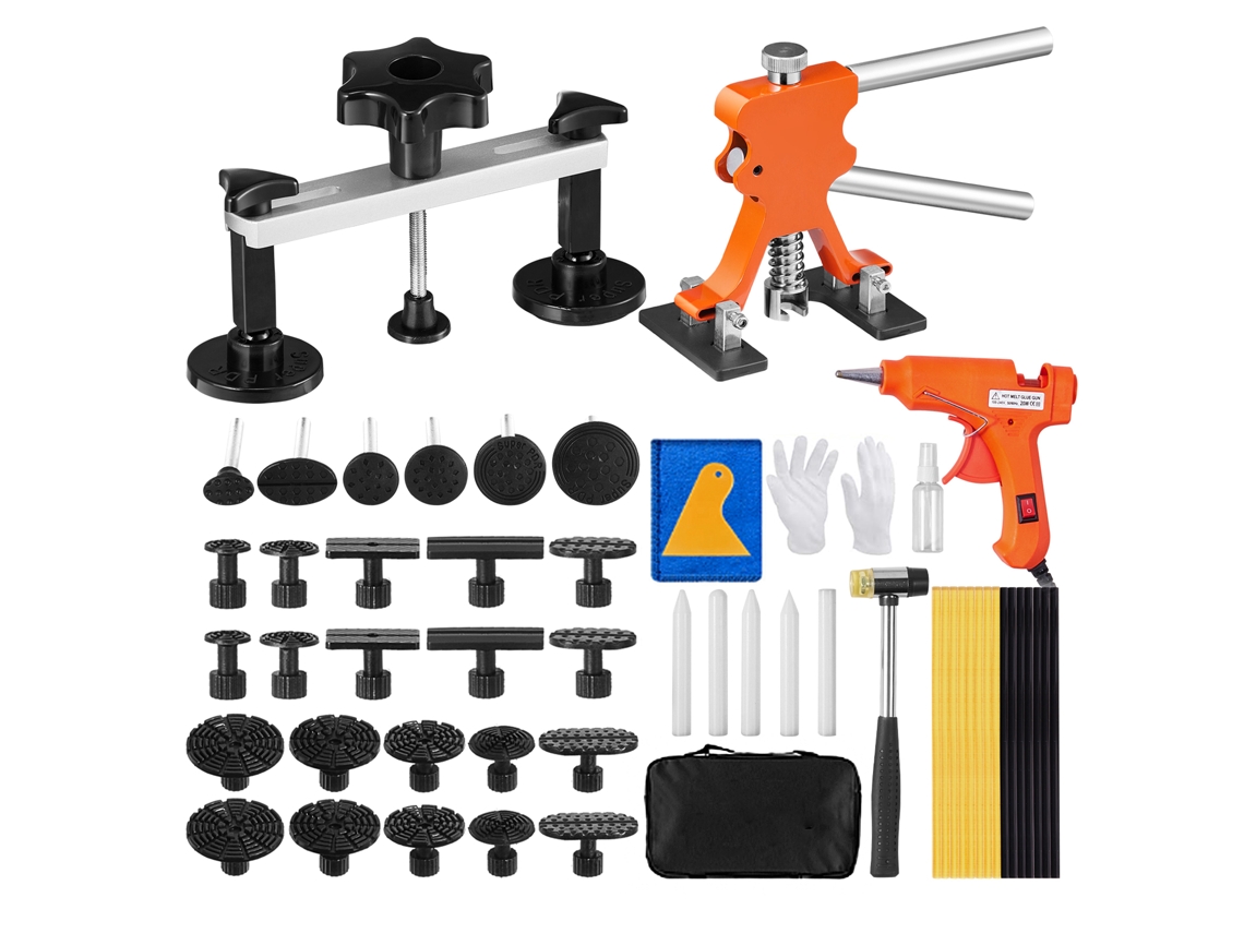 Kit de Reparação Amassaduras Sem Pintura 56 Peças com Elevador Dourado, Extrator Ponte, Linguetas Extração, Pistola Cola Quente para