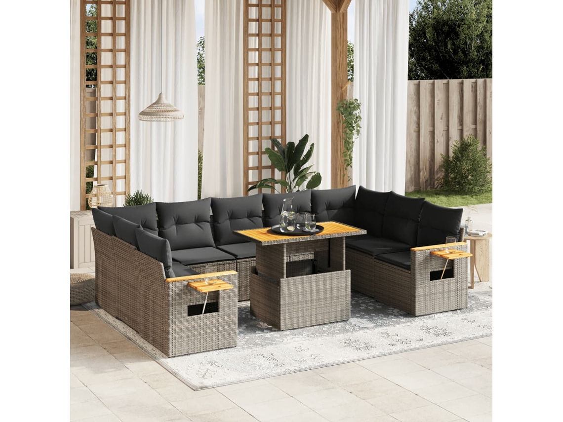 10 Pcs Conjunto Sofás De Jardim C/ Almofadões Vime Pe Cinza Dkd Home Decor